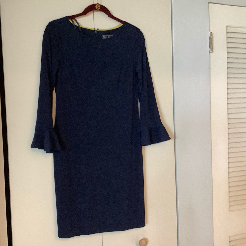 Navy blue long sleeve dress, ruffle edged sleeve